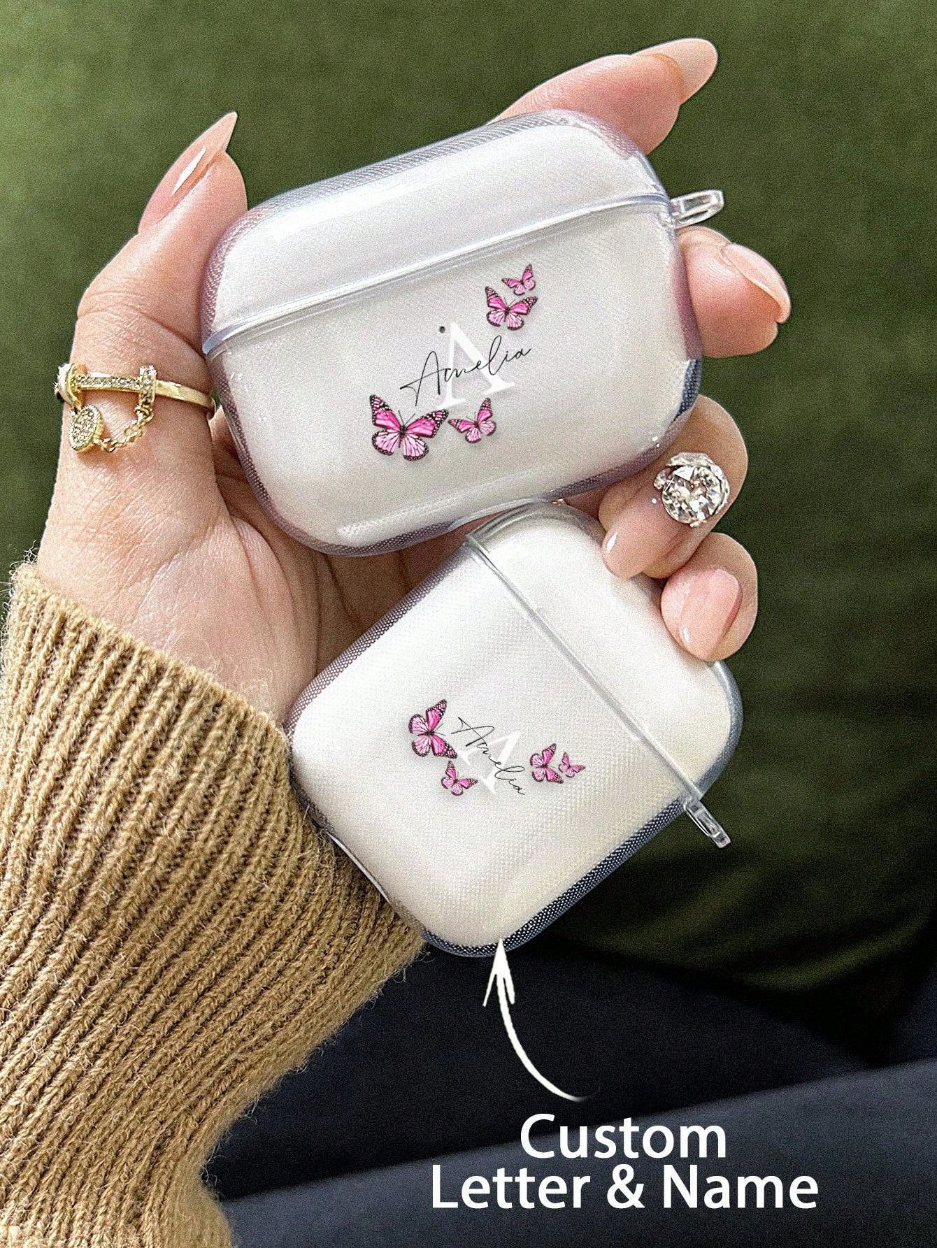 1pc Custom Name AirPods Case, Butterfly AirPods Cover, Prevent Falling For Your AirPods, For AirPods 1/2/3/Pro/Pro 2 Transparent TPU Shell, Prevent Scratches, Dust, Wear And Tear, Anniversary Gift, Birthday Gift, Mother's Day Gift, Father's Day Gift, Best