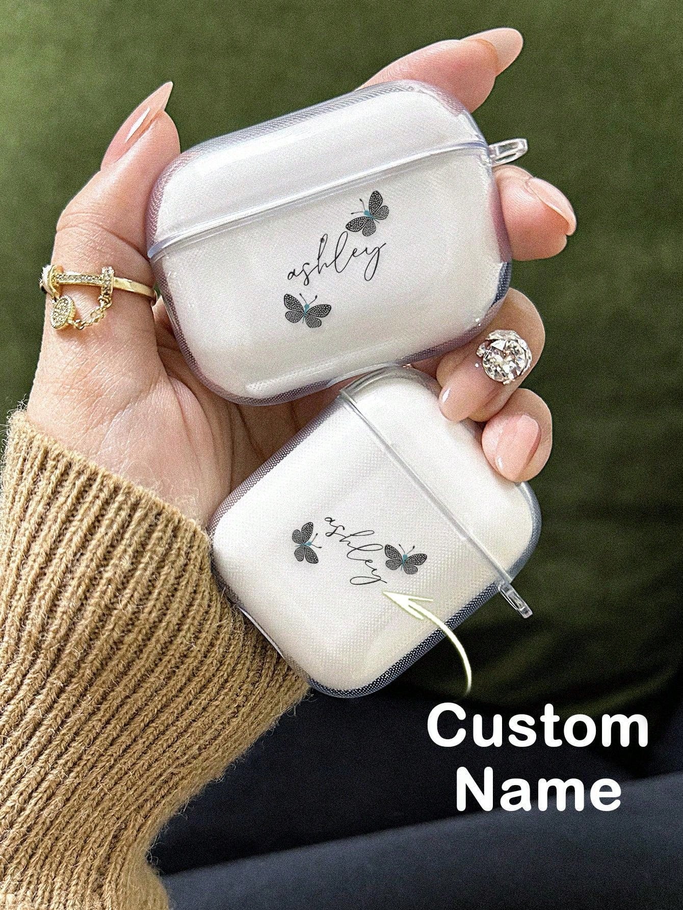 1pc Custom Name AirPods Case, Butterfly AirPods Cover, Prevent Falling For Your AirPods, For AirPods 1/2/3/Pro/Pro 2 Transparent TPU Shell, Prevent Scratches, Dust, Wear And Tear, Anniversary Gift, Birthday Gift, Mother's Day Gift, Father's Day Gift, Best