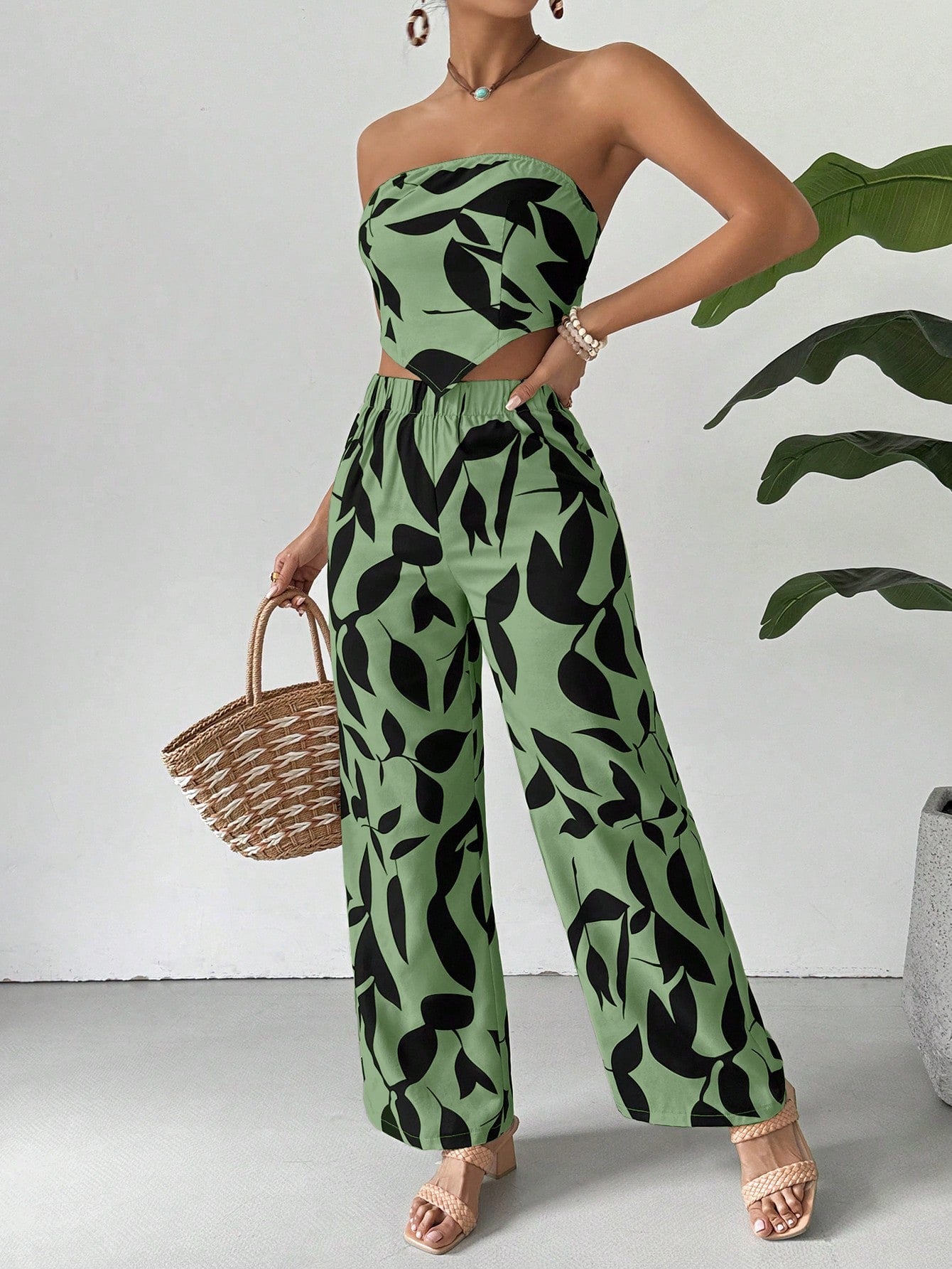 Plant Print Casual 2-Piece Outfit