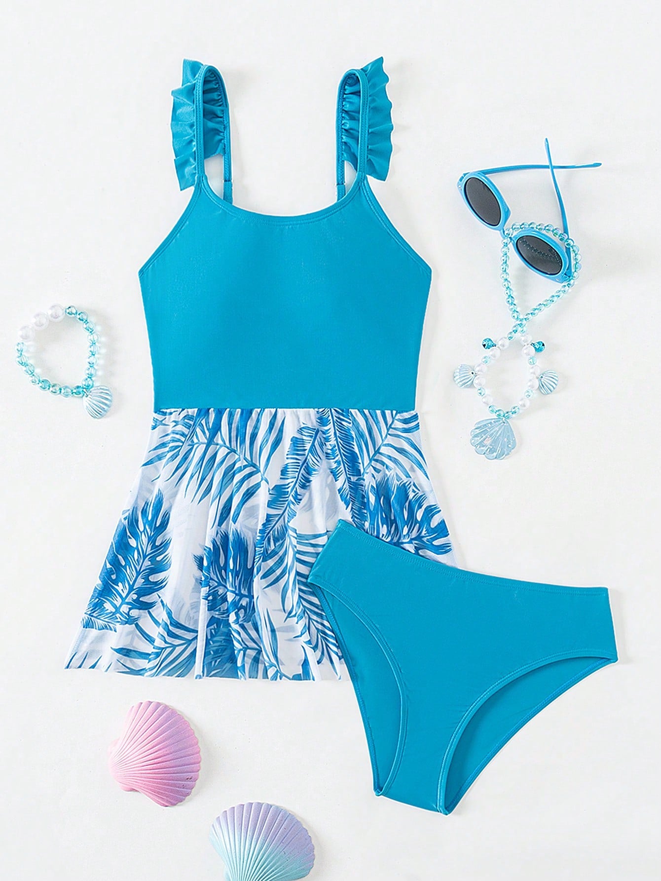 Tween Girls' Tropical Printed Ruffle Trimmed Tank Top And Triangle Bottom Tankini Set