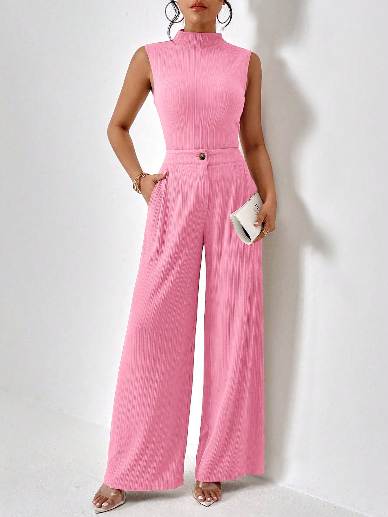 Women's Stand Collar Vest And Wide Leg Pants Set