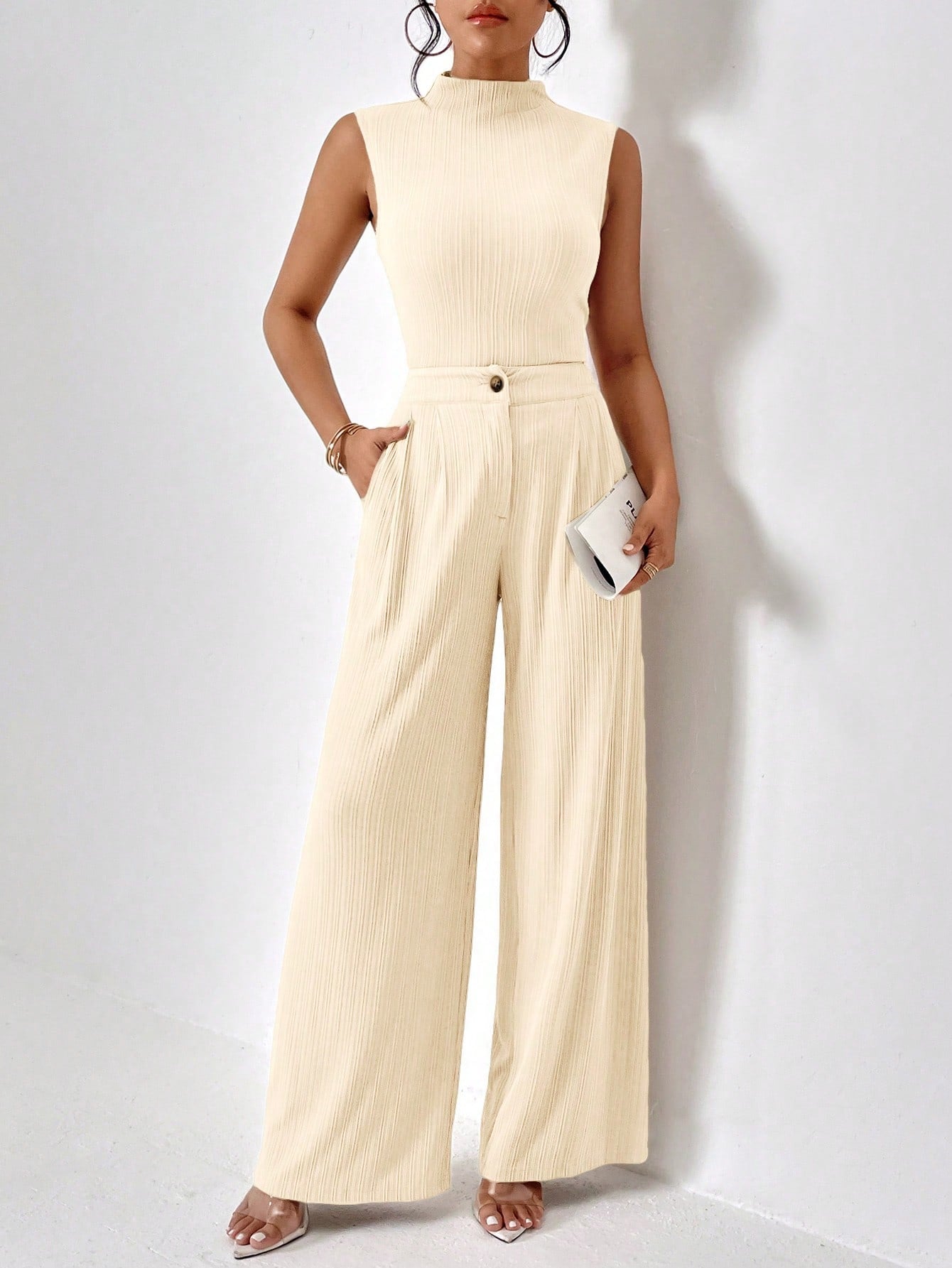 Women's Stand Collar Vest And Wide Leg Pants Set