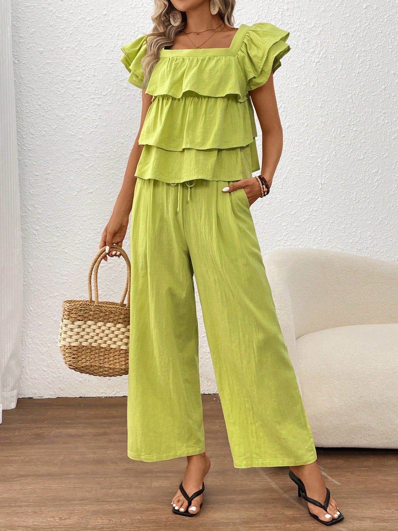 Green Layered Design Casual Holiday Woven Solid Square Neck Top And Straight Pants Summer Casual Set