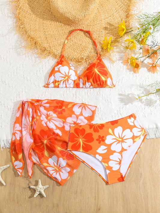 Tween Girl Summer Beach Floral Printed Halter Bikini Set With Cover-Up Skirt Bathing Suit