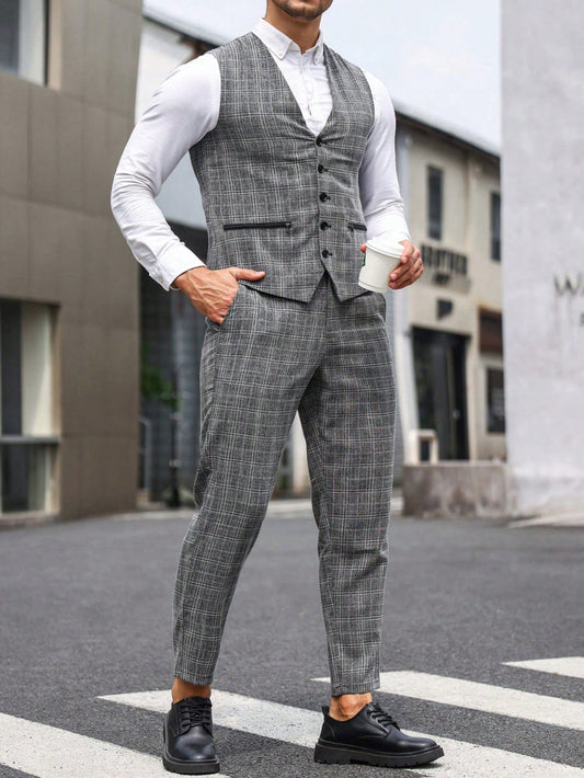 Men Double-Breasted V-Neck Sleeveless Suit Vest And Suit Pants With Pockets