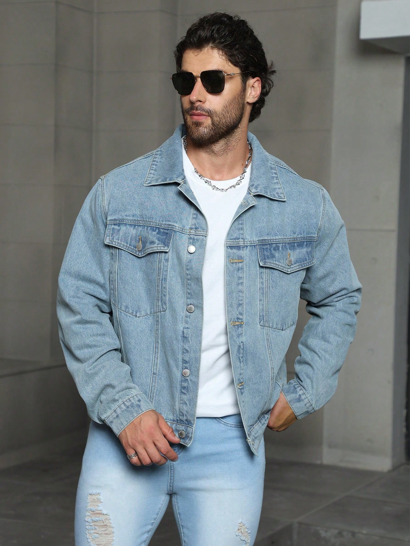 Men Vintage Retro Light Blue Casual Denim Jacket , Cotton Plain Going Out Friends