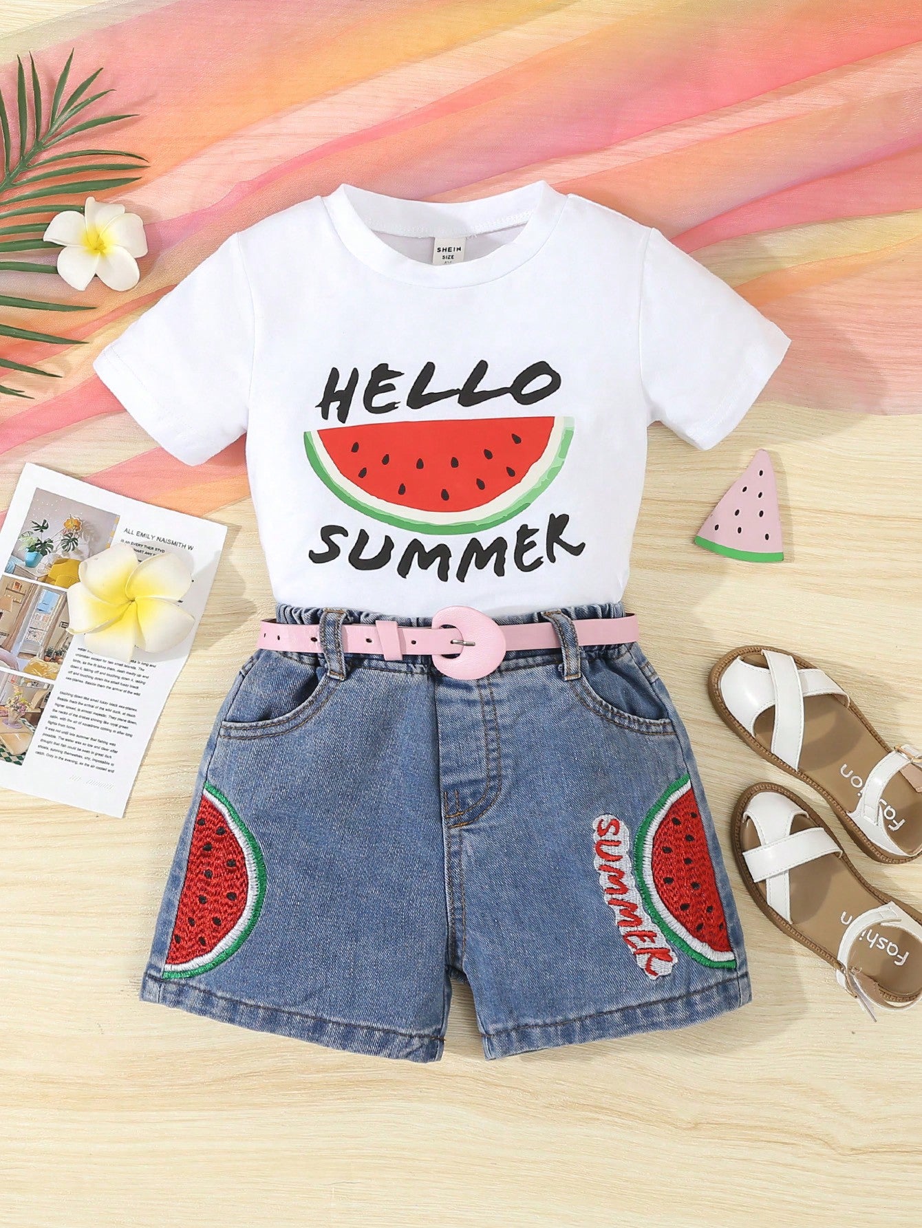 Young Girl Summer 2pcs/Set Strawberry & Letter Print Short Sleeve T-Shirt And Embroidered Elastic Waistband Denim Shorts With Belt