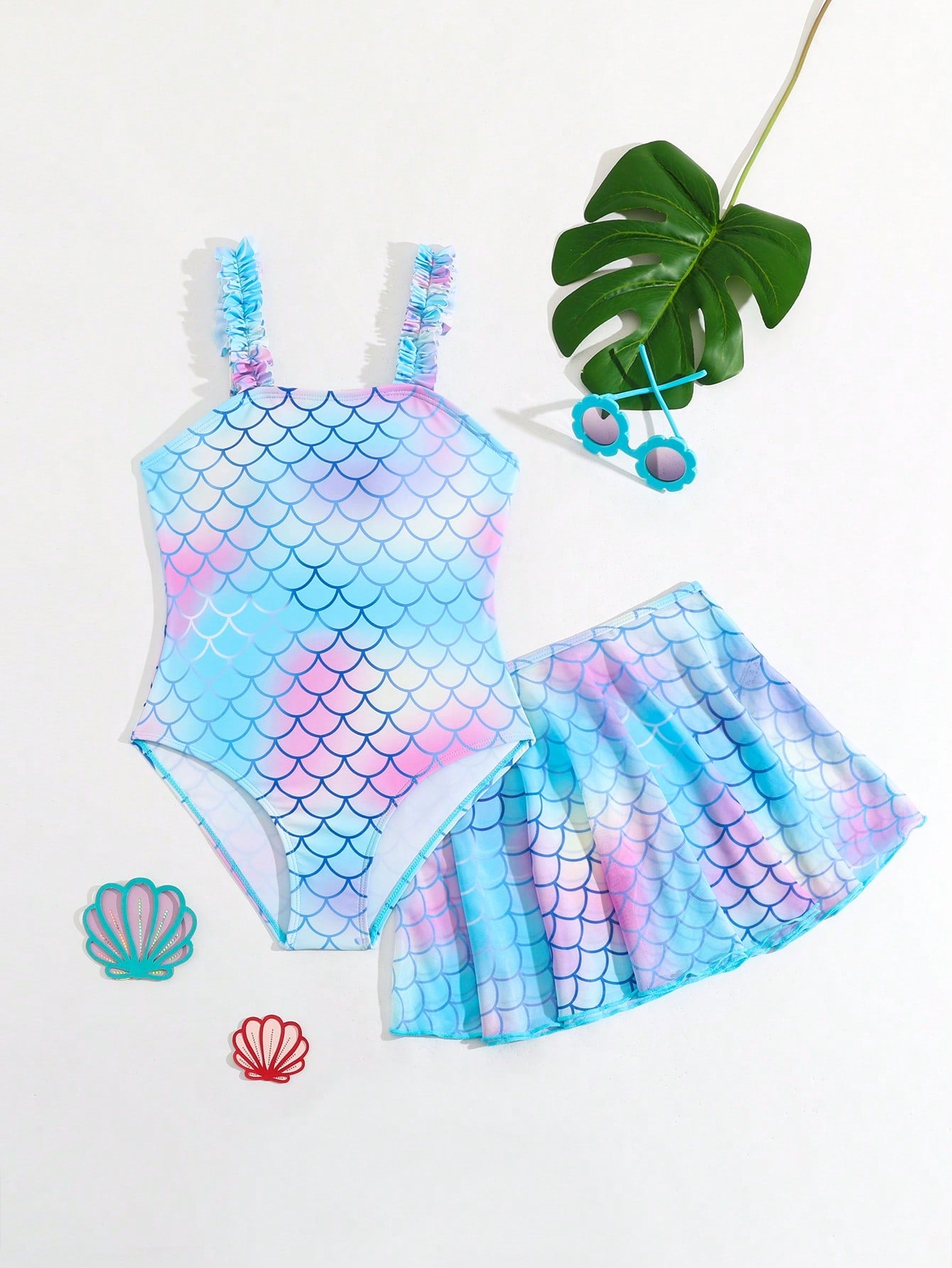 Tween Girl Mermaid Scale Printed One-Piece Swimsuit With Mesh Skirt Cover-Up