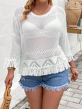 Plus Size Women Loose Sweater With Round Neck, Hollow Out And Fringe Detailing, Ideal For Spring And Summer Holidays