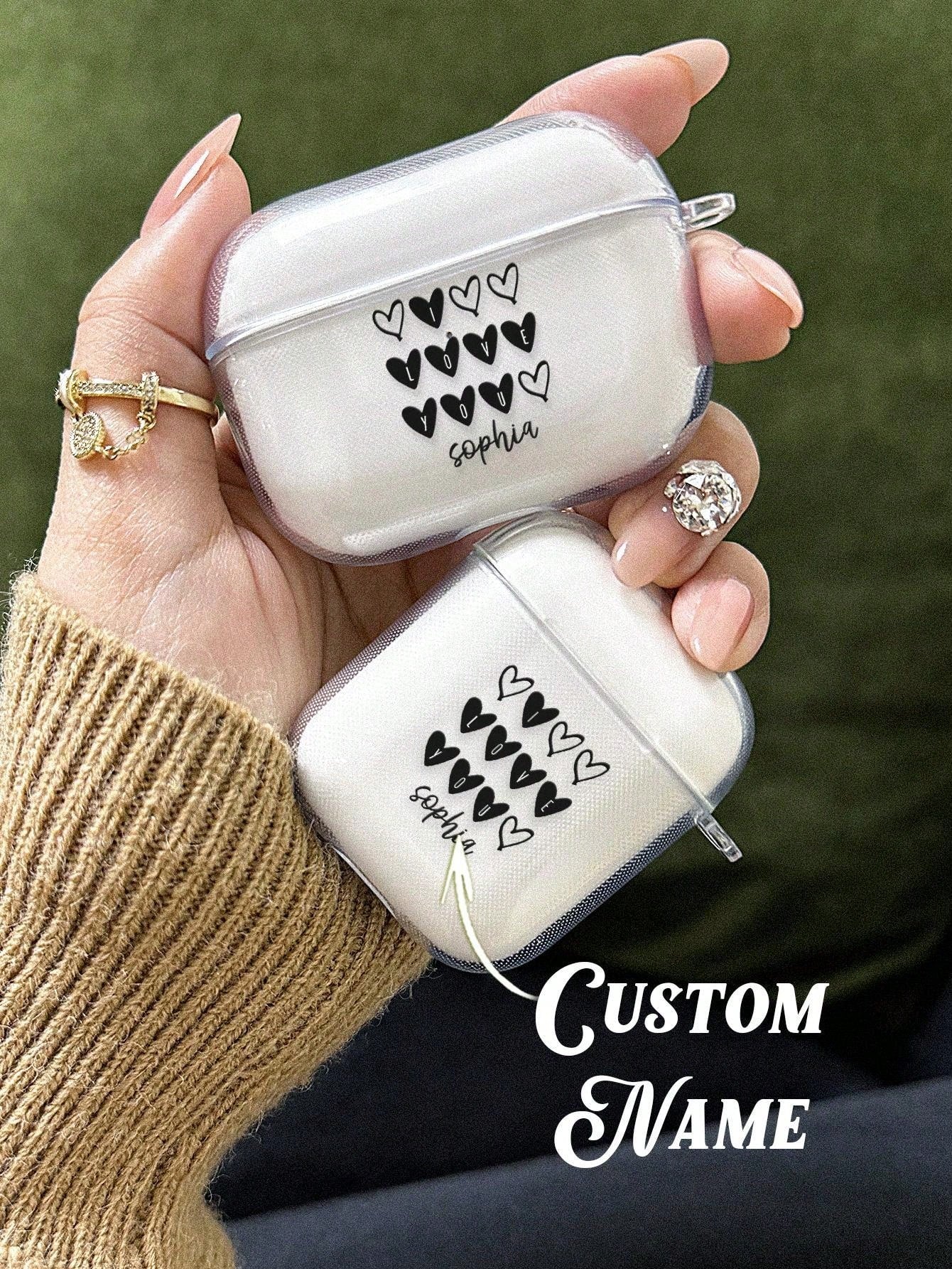 1pc Custom Name AirPods Case, Personalized Heart AirPods Cover, Prevent Falling For Your AirPods, For AirPods 1/2/3/Pro/Pro 2 Transparent TPU Shell, Prevent Scratches, Dust, Wear And Tear, Anniversary Gift, Birthday Gift, Mother's Day Gift, Father's Day G