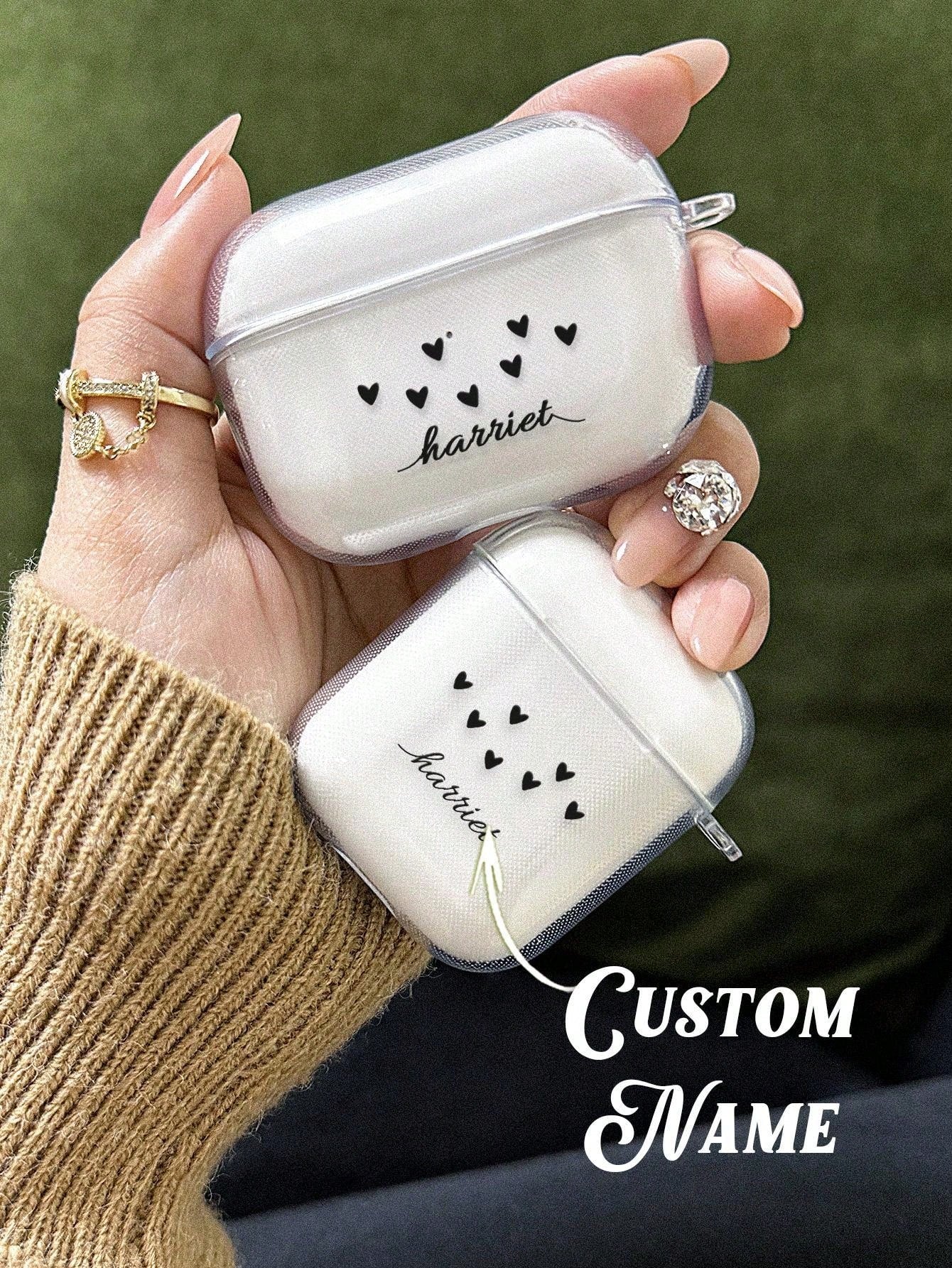 1pc Custom Name AirPods Case, Personalized Heart AirPods Cover, Prevent Falling For Your AirPods, For AirPods 1/2/3/Pro/Pro 2 Transparent TPU Shell, Prevent Scratches, Dust, Wear And Tear, Anniversary Gift, Birthday Gift, Mother's Day Gift, Father's Day G