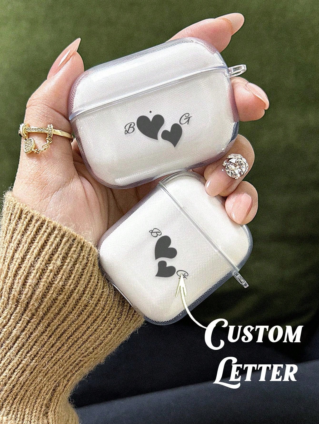 1pc Custom Name AirPods Case, Personalized Heart AirPods Cover, Prevent Falling For Your AirPods, For AirPods 1/2/3/Pro/Pro 2 Transparent TPU Shell, Prevent Scratches, Dust, Wear And Tear, Anniversary Gift, Birthday Gift, Mother's Day Gift, Father's Day G