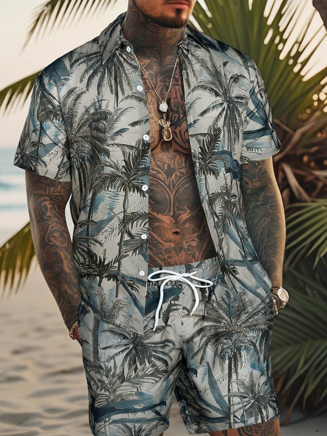 Men Short Sleeve Shirt And Shorts Set With Plant Print