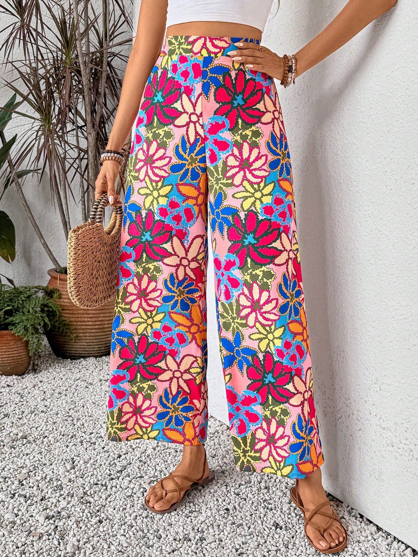 Women Y2k Floral Printed Simple Wide-Leg Pants