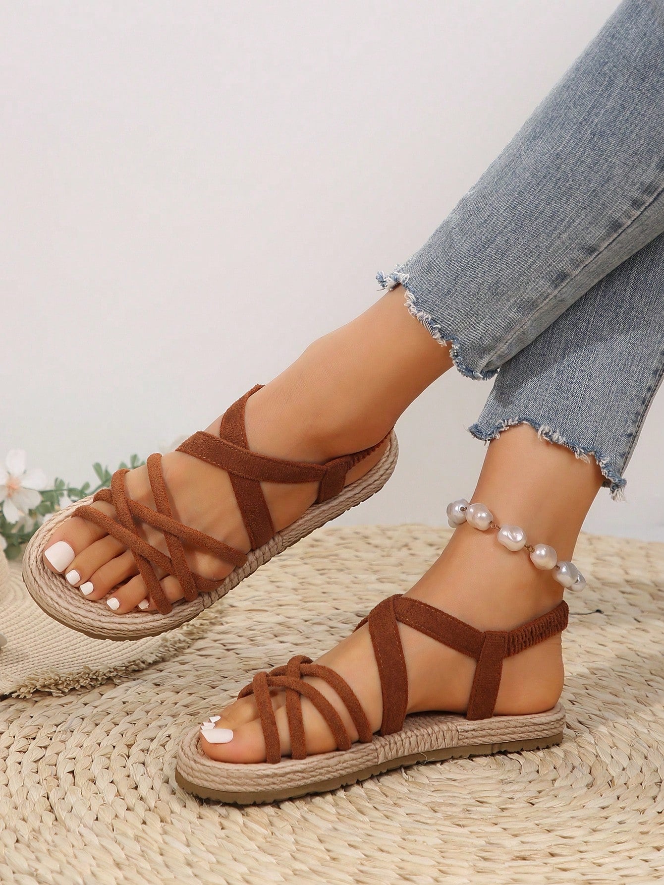 Women Braided Detail Criss Cross Slingback Sandals, Vacation Summer Flat Sandals