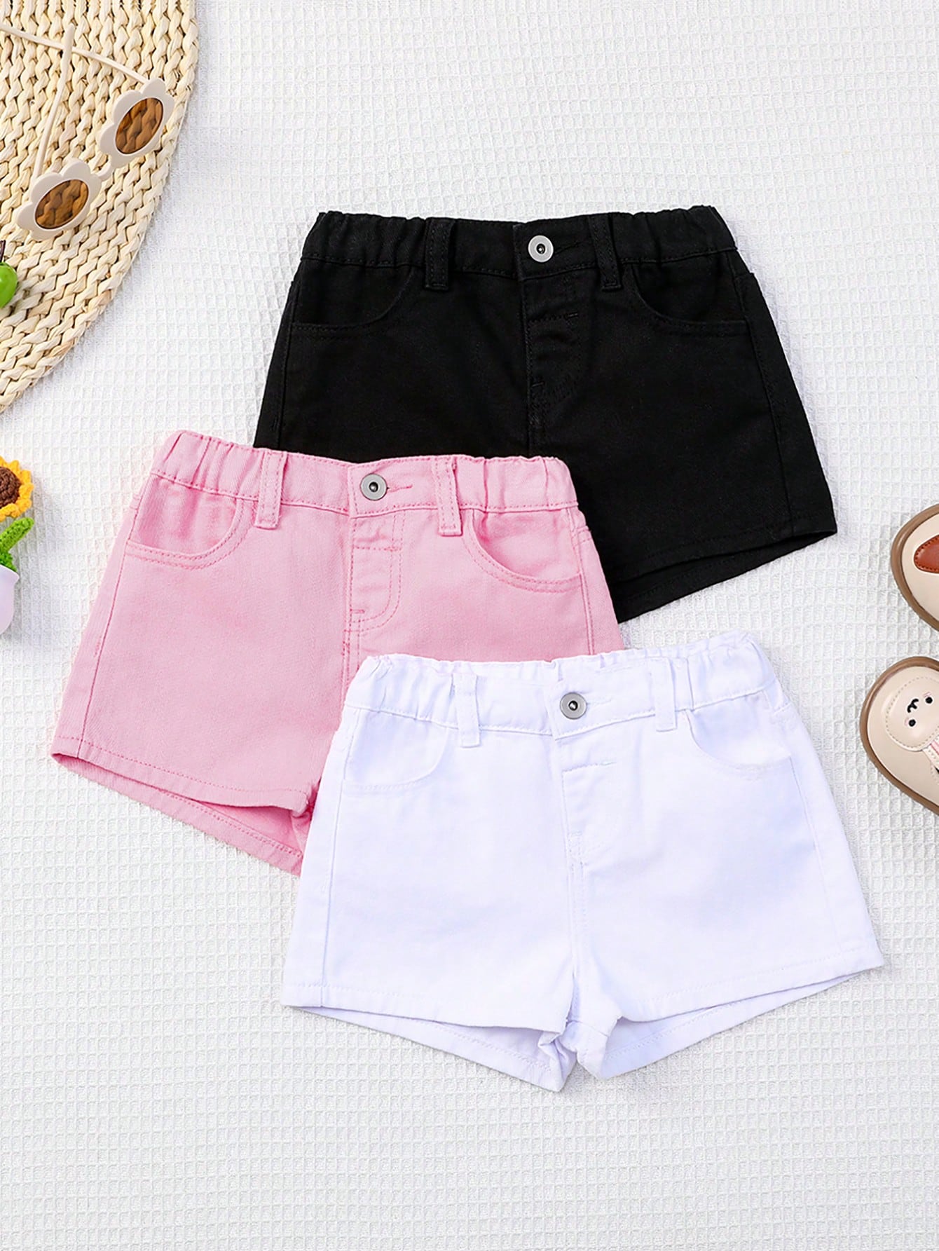 Young Girl 3pcs Summer Plain Casual Denim Shorts Set