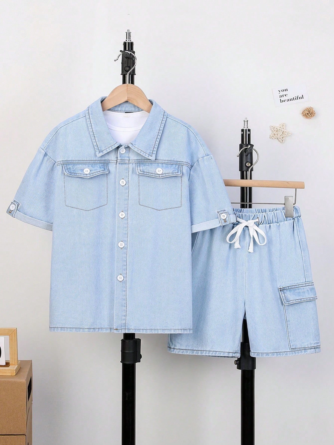 Tween Boy Casual Short Sleeve Shirt And Shorts Denim Set, Spring And Summer