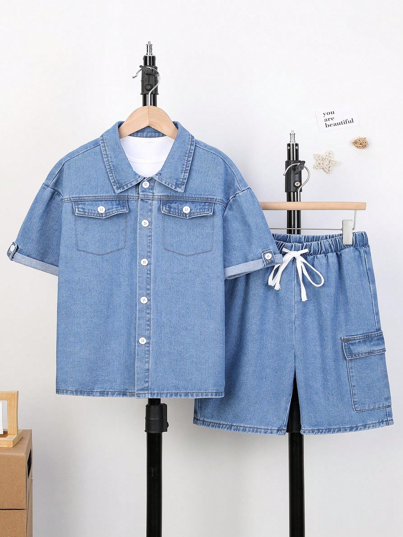 Tween Boy Casual Short Sleeve Top And Shorts Denim Set For Spring/Summer