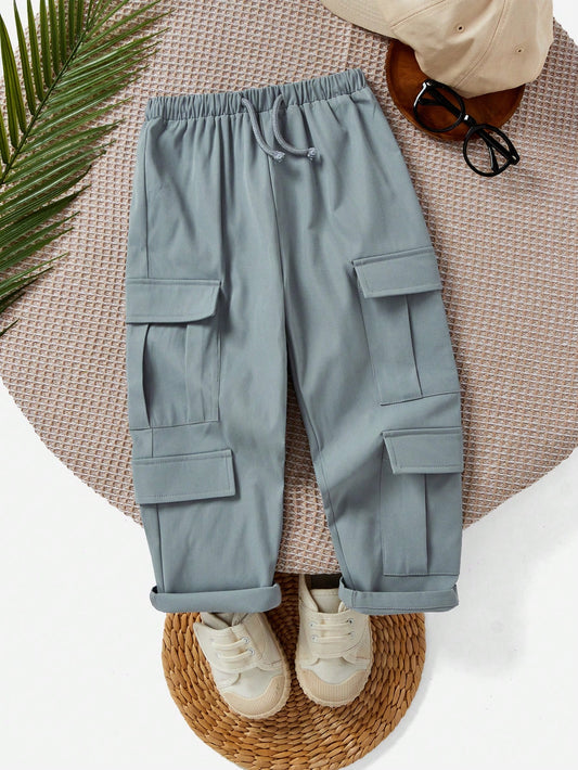 1pc Young Boys Casual Streetwear Multi-Pocket Decorated Solid Color Elastic Waist Drawstring Pants, Cargo Workwear Bottoms For Summer