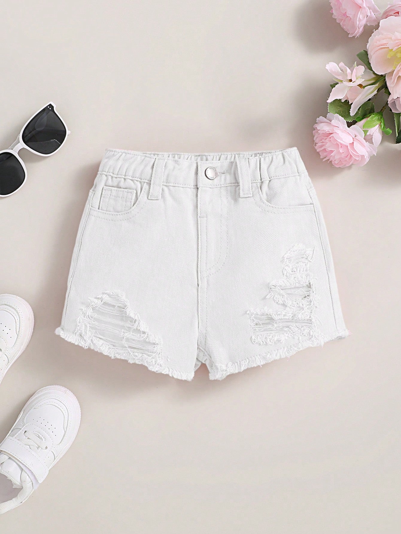 Young Girl Spring Summer Boho Pink High Waisted Elastic Waist Ripped Washed Denim Shorts