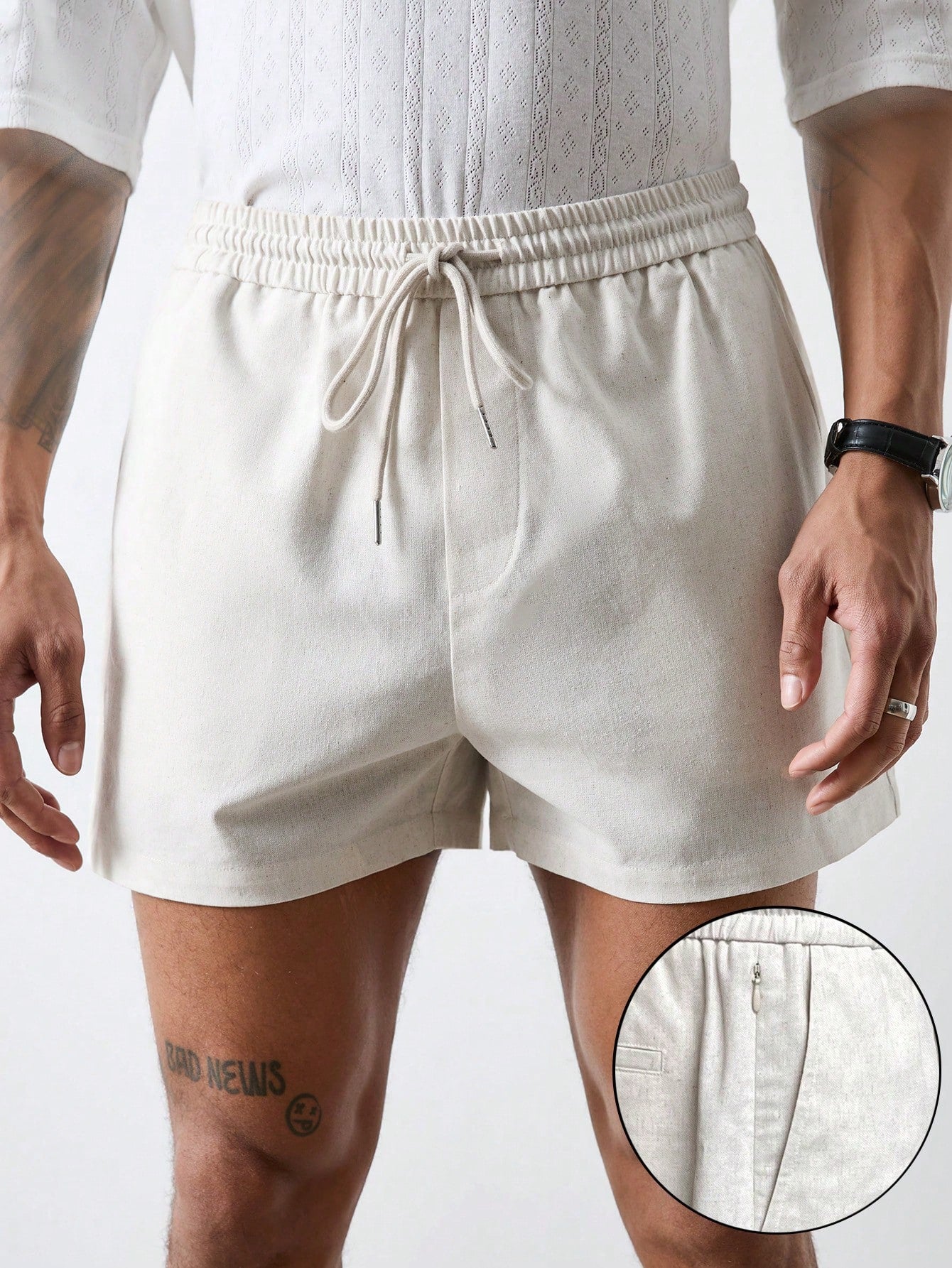 Forever 21 Men's Vacation Relaxed-Fit Linen Shorts In With Hidden Cellphone Zip Pocket