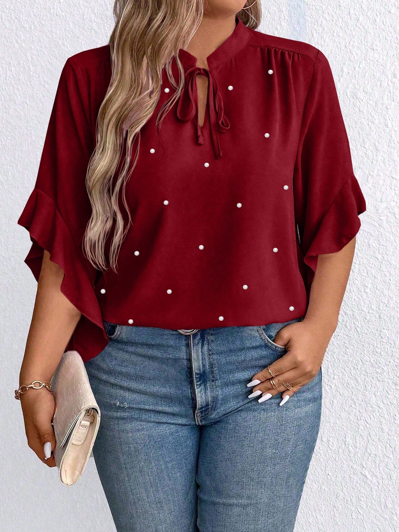 Plus Size Tie Neck Ruffle Sleeve Faux Pearl Button Shirt