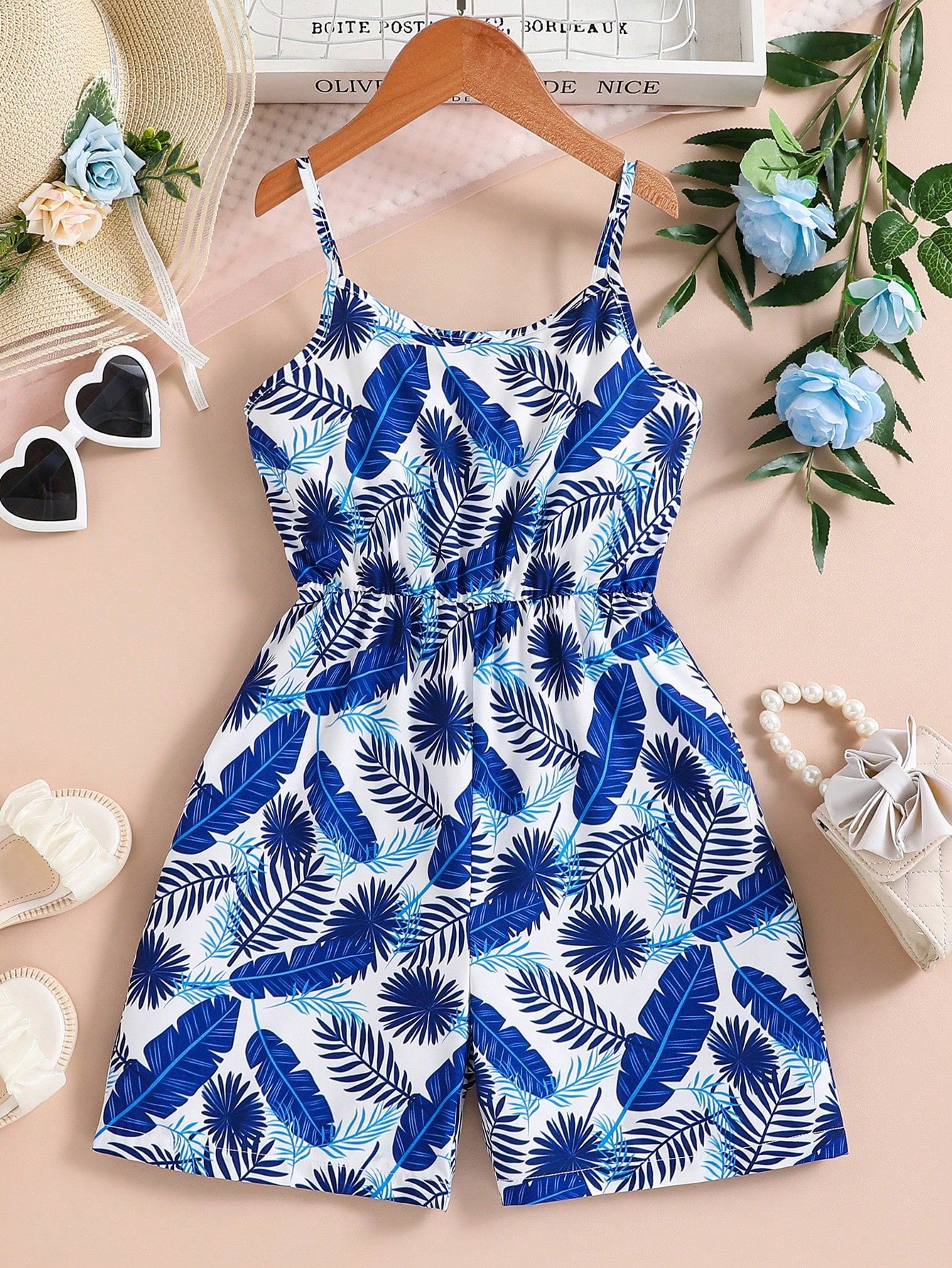 Tween Girl Allover Print Romper Jumpsuit With Spaghetti Straps, Summer Bohemian Style, Casual And Comfortable, Elegant And Fashionable Wear