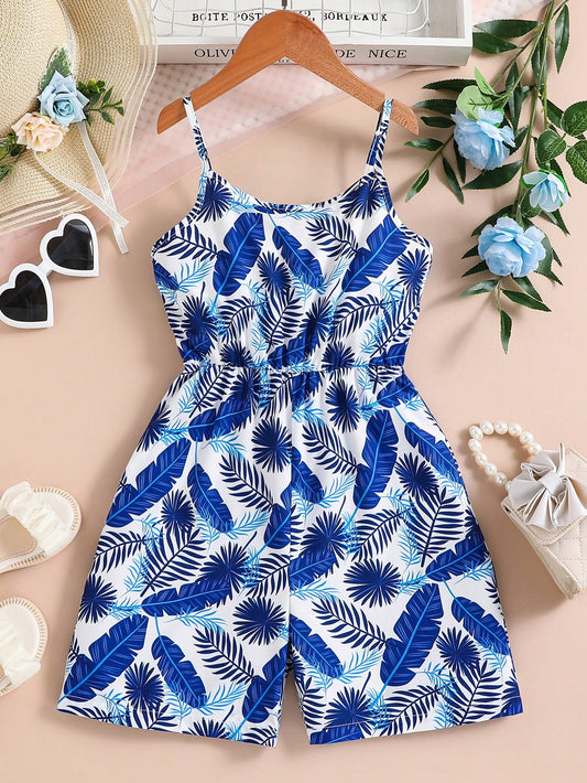 Tween Girl Allover Print Romper Jumpsuit With Spaghetti Straps, Summer Bohemian Style, Casual And Comfortable, Elegant And Fashionable Wear