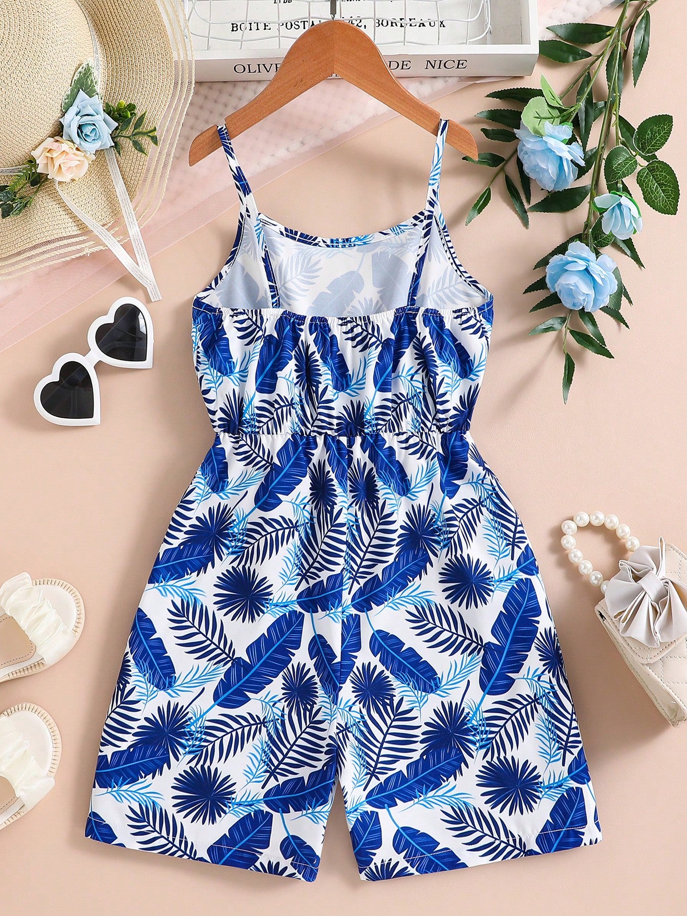 Tween Girl Allover Print Romper Jumpsuit With Spaghetti Straps, Summer Bohemian Style, Casual And Comfortable, Elegant And Fashionable Wear