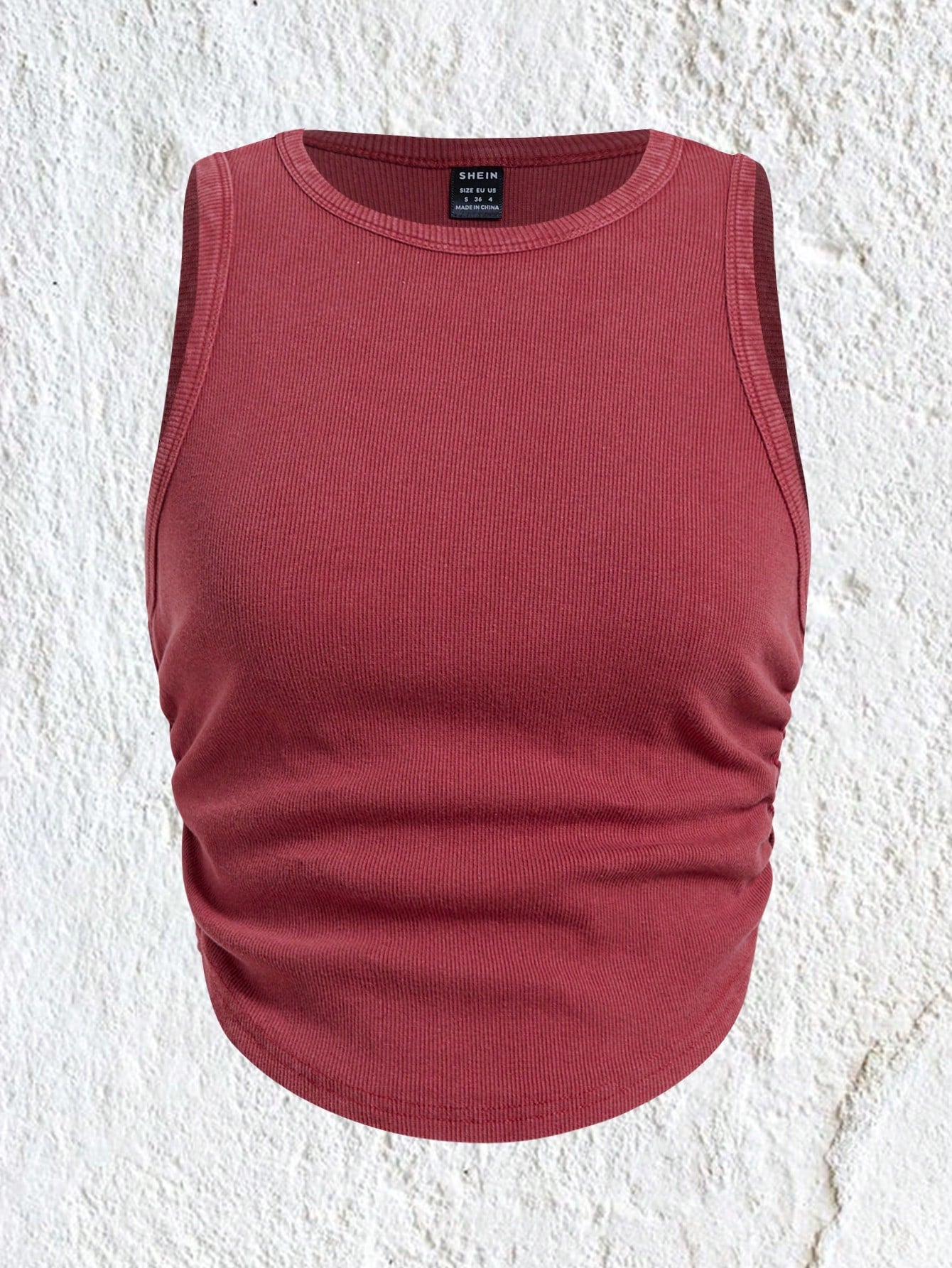 Summer Solid Curved Hem Rib Gathering At Waist Knit Slim Fit Tank Top