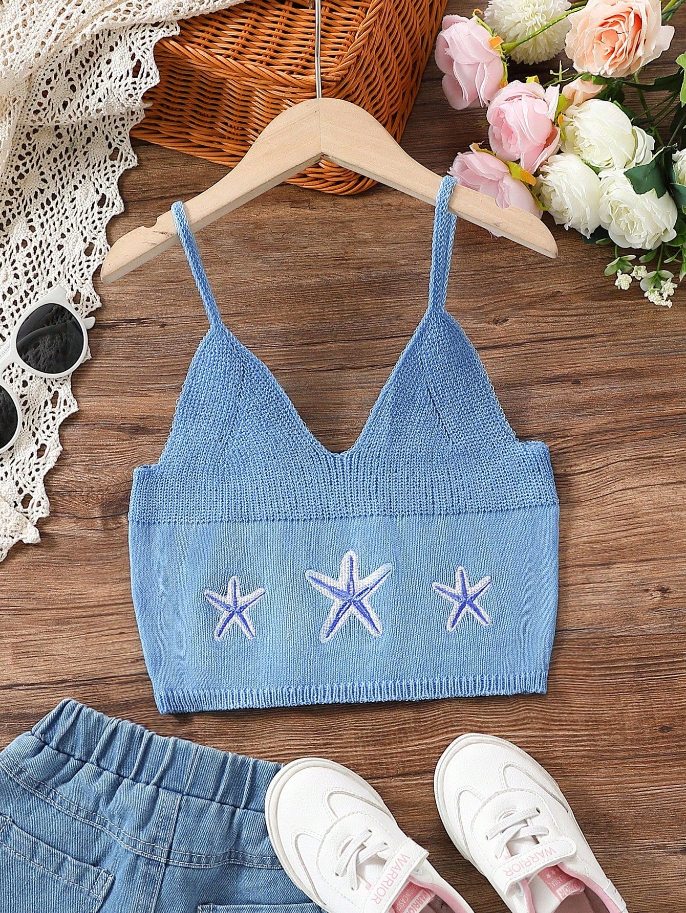 Tween Girl Holiday Beach Starfish Embroidered Tank Top Sweater Vest For Leisure Wear