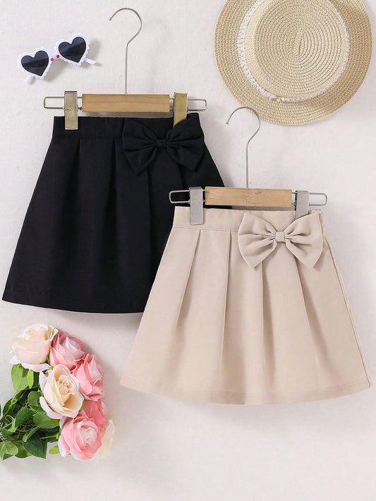 2pcs Tween Girl Summer Casual Bow Decor Pleated Mini Skirt Set