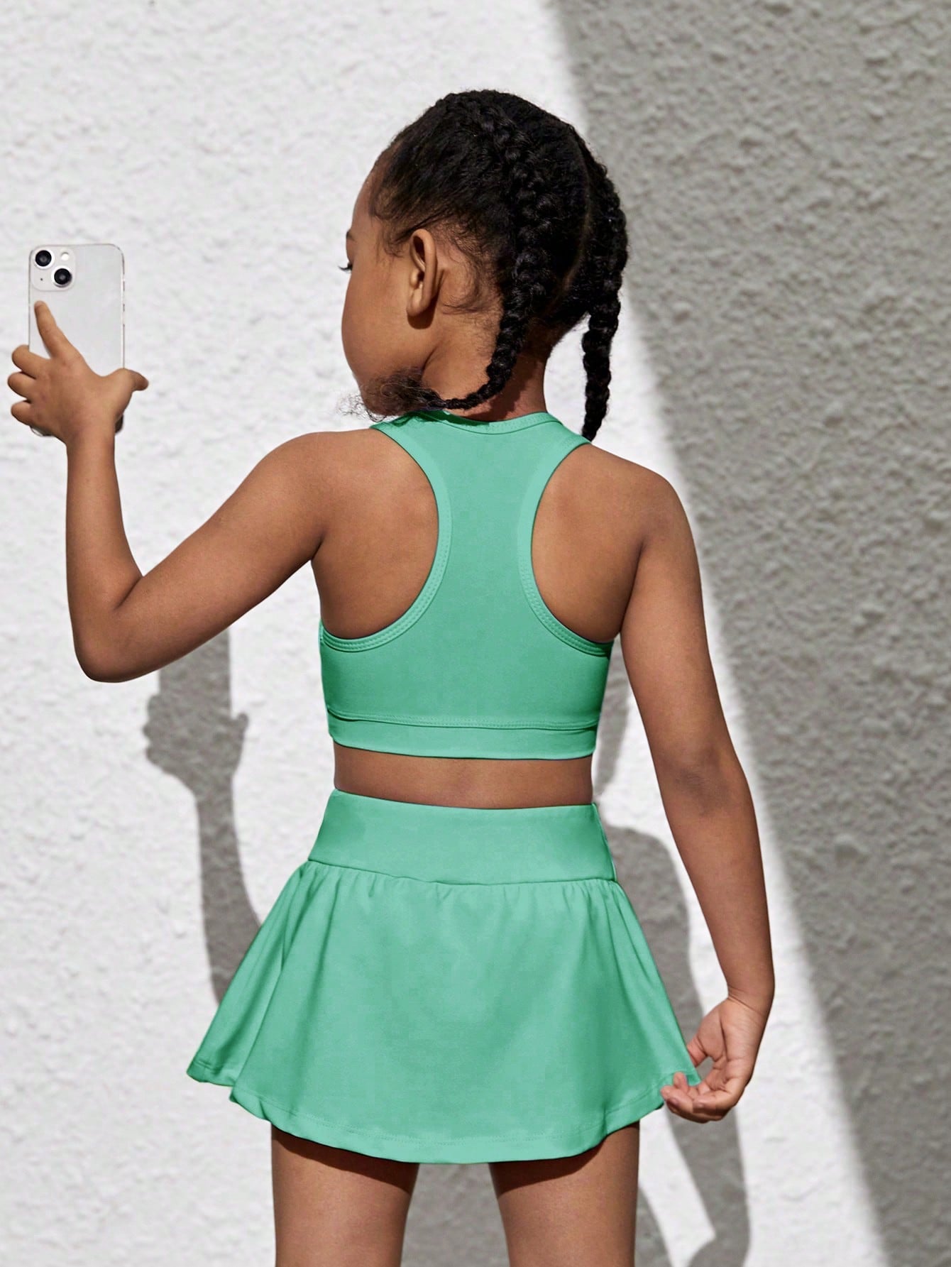 Young Girls Solid Color Tank Top And Skort Sportswear Set