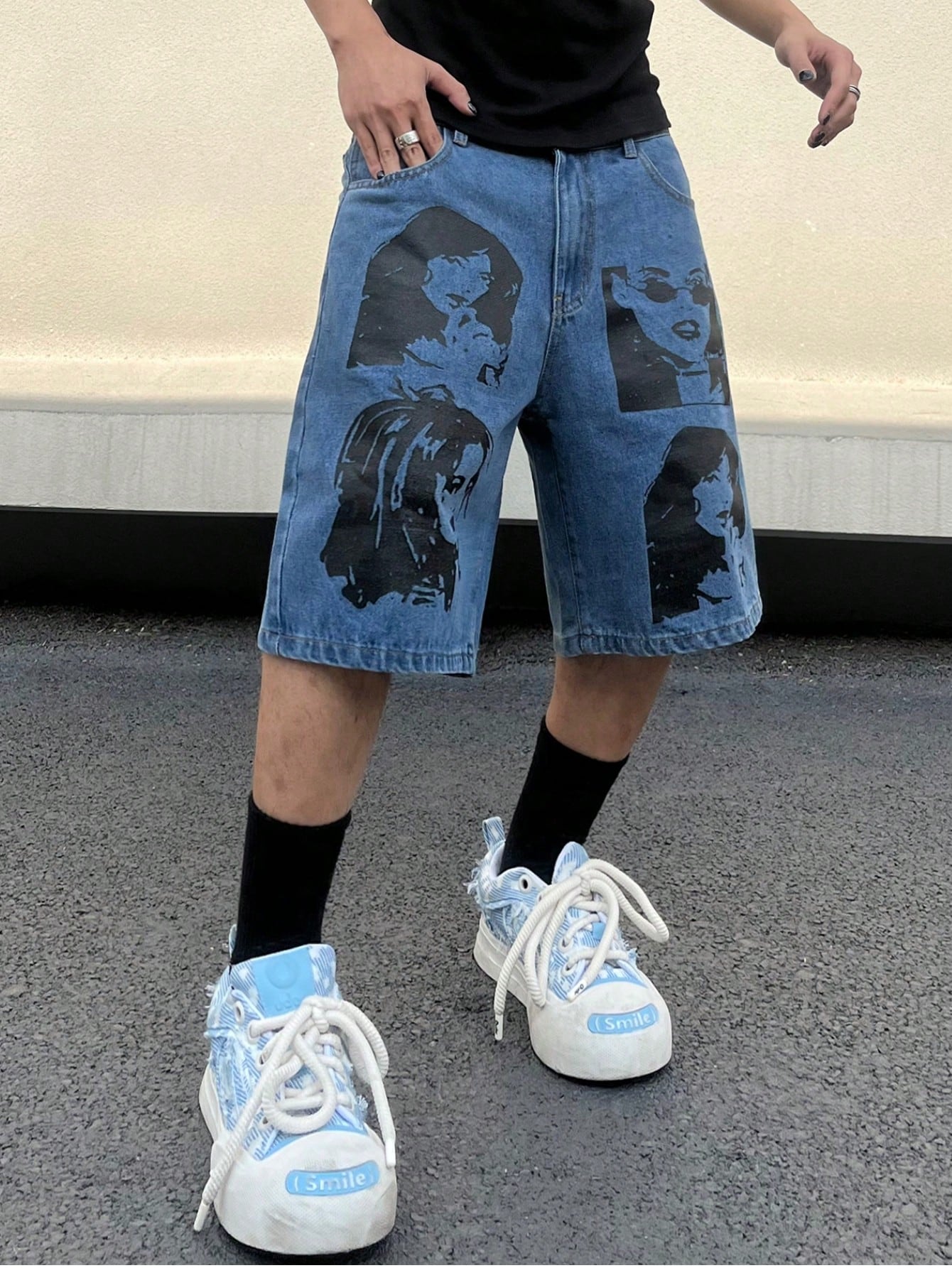 Men Plus Size Printed Casual Denim Shorts For Spring/Summer