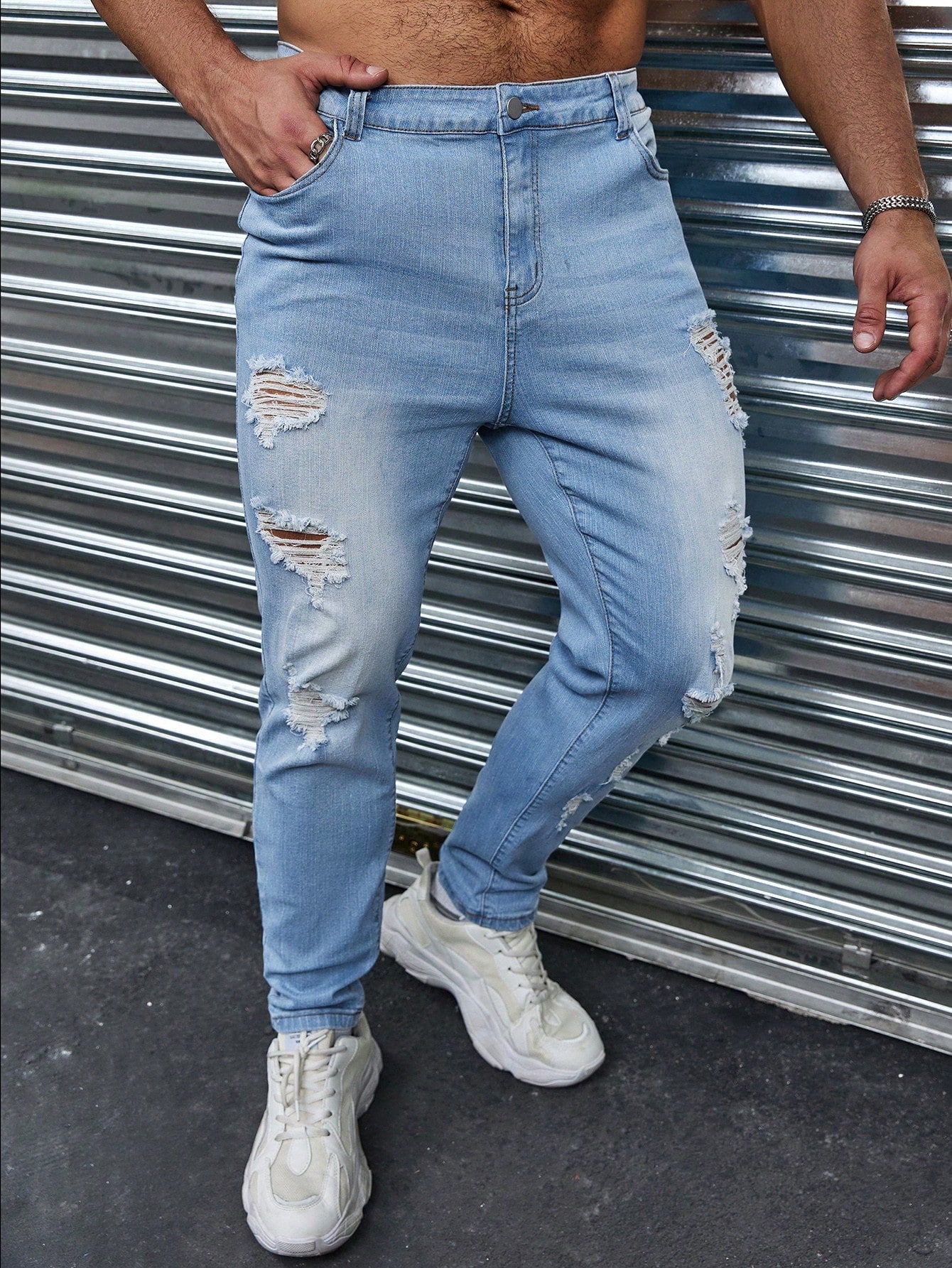 Men's Plus Size Distressed Vintage Denim Jeans Slim Fit Long Ripped Frayed Jean Cargo Plain Teal Going Out Street Wear