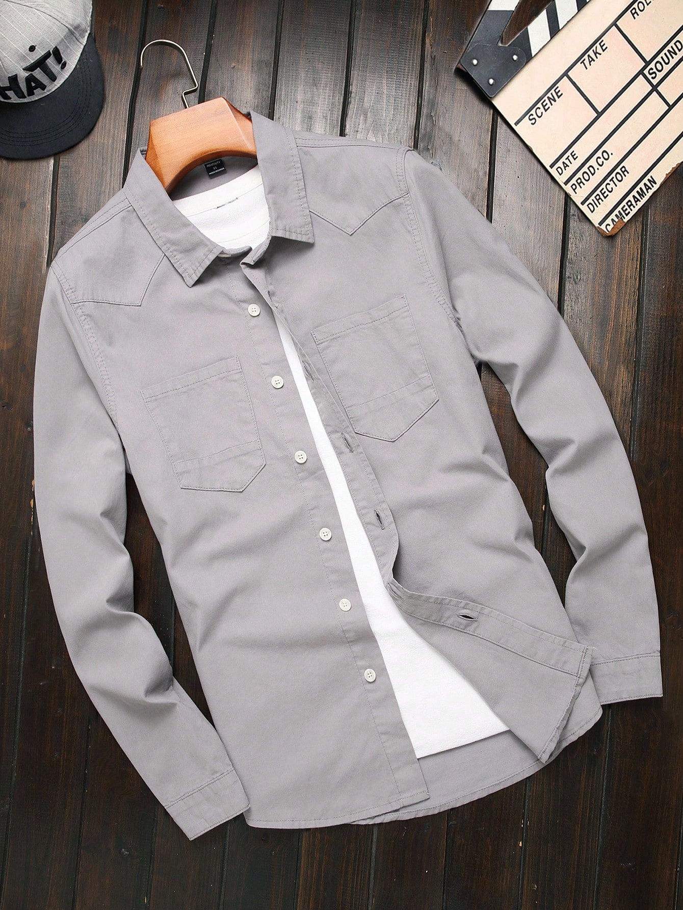 Men Cotton Dual Pocket Long Sleeve Button Up Plain Black Work Denim Shirt Without Tee,