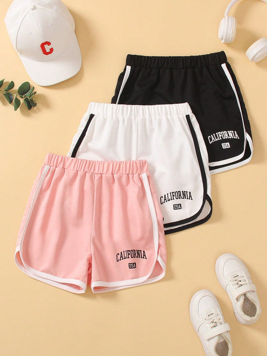 Tween Girl Shorts 2024 Summer New Casual Sports Style Hemmed Letter Printed Shorts, Pack Of 3