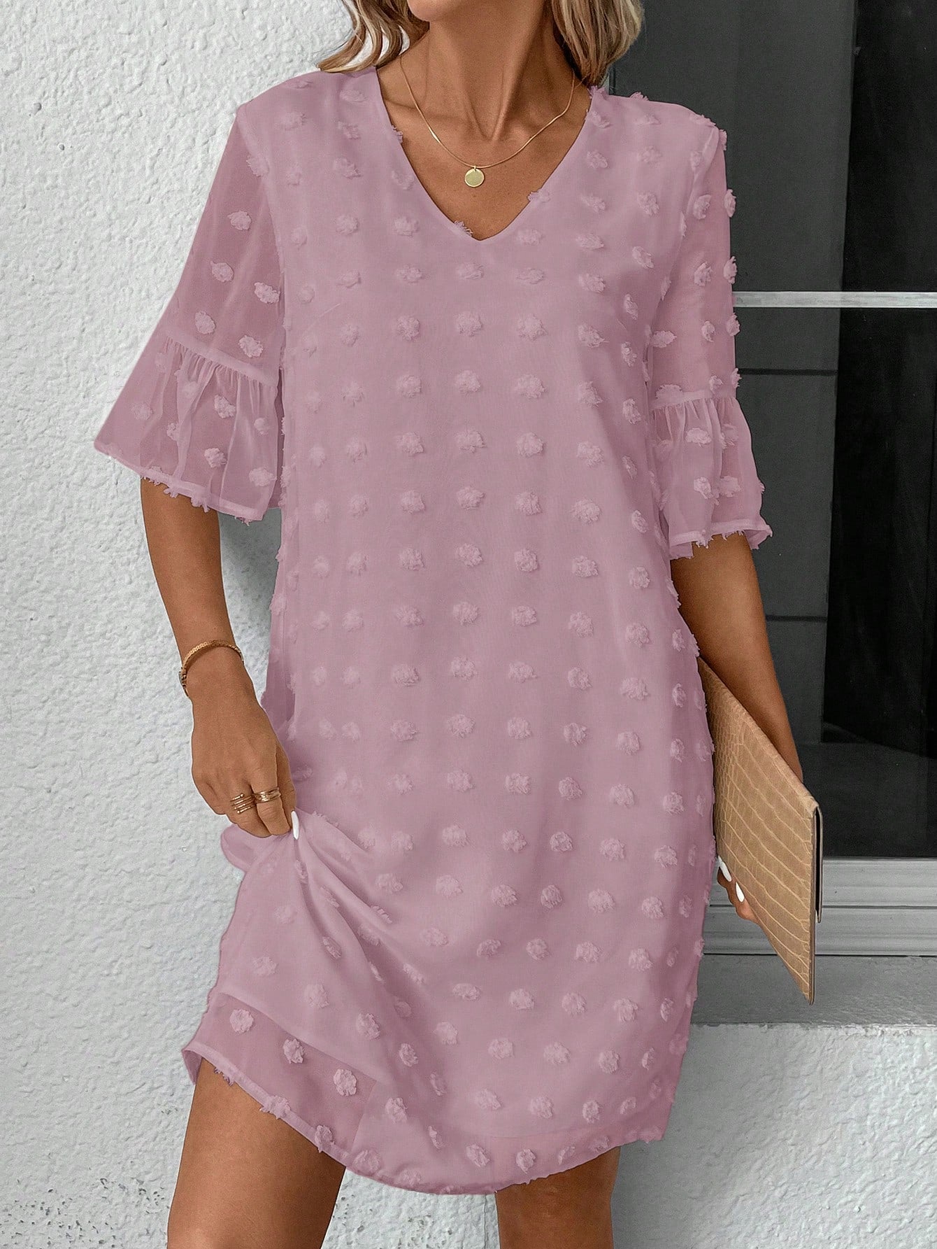 Women's Swiss Dot Ruffle Sleeve Dress