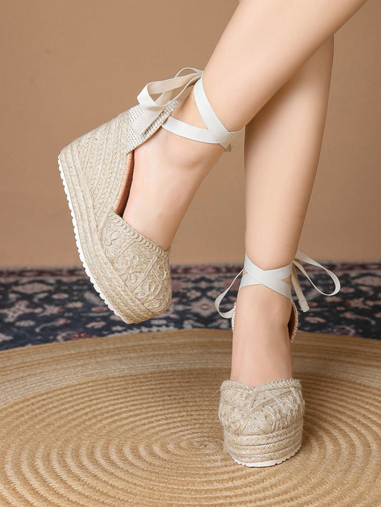 Women D"Orsay Wedge Heel Sandals, Woven Ankle Strap Espadrille Flatforms, Casual Thick Sole Summer Shoes