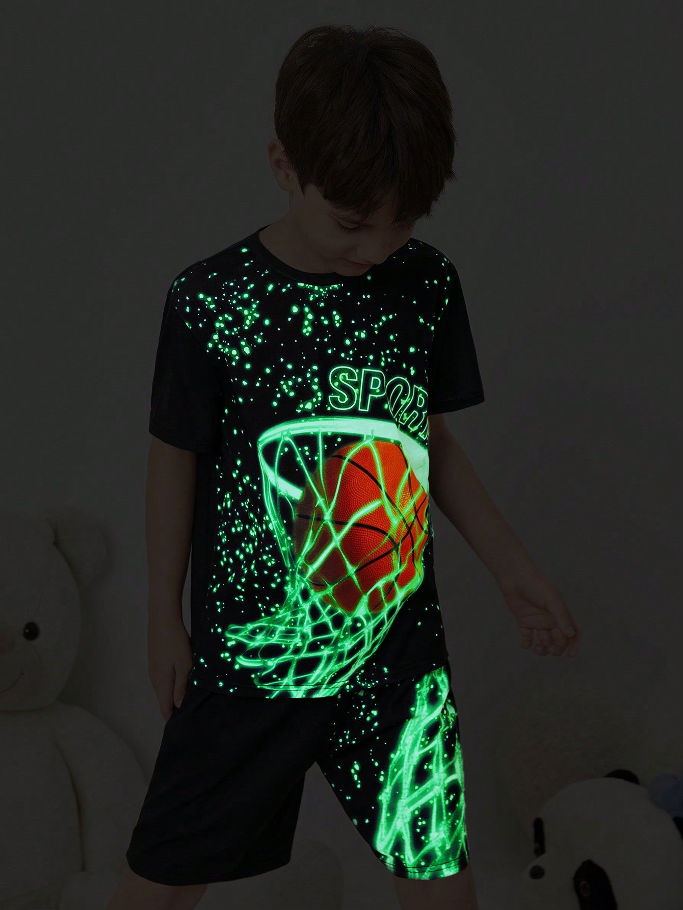 Tween Boy's Glow In The Dark Ink Splatter Game Controller Pattern Short Sleeve Shorts Pajama Set, Summer Casual Loose Homewear Set