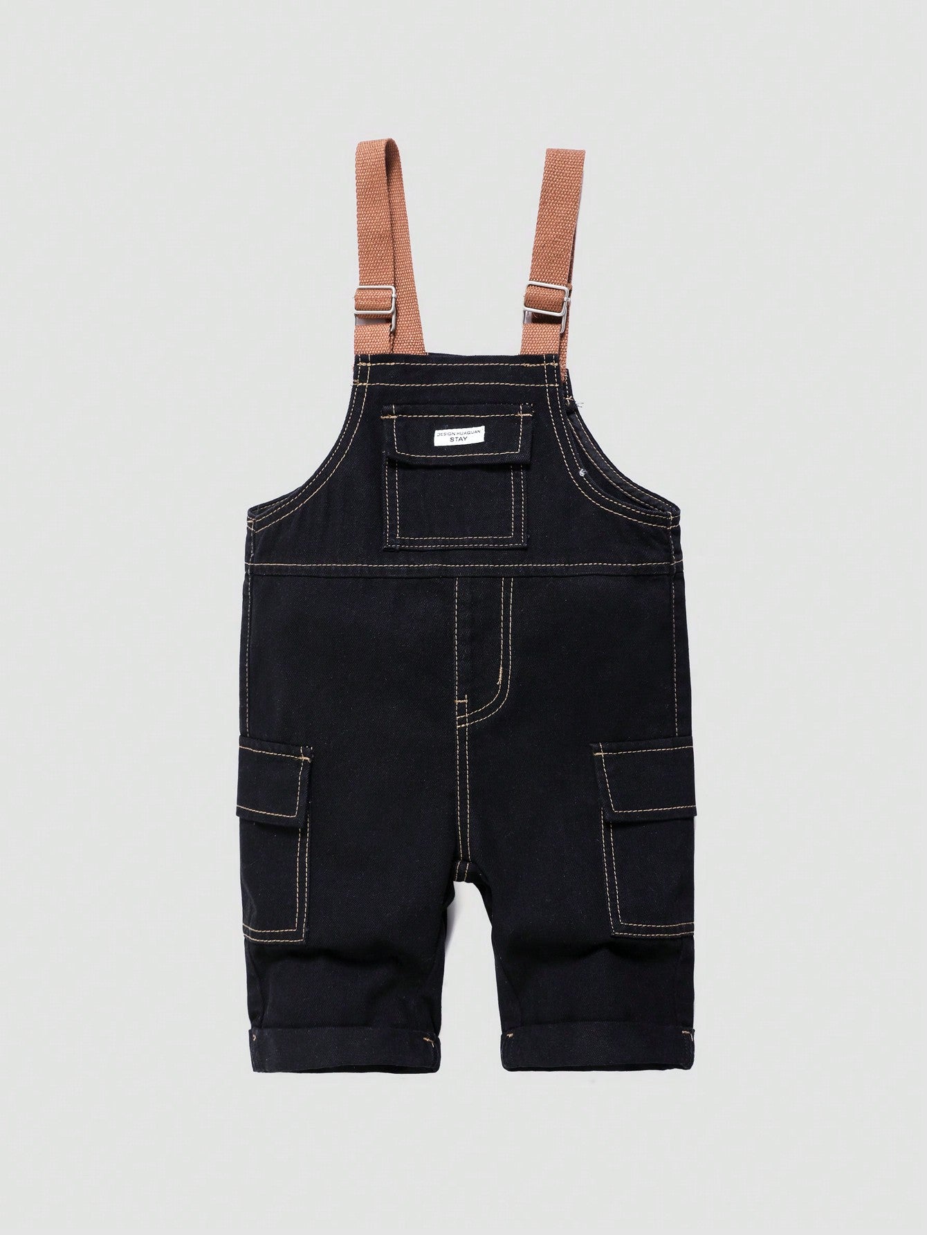 Young Boy Brown Strap And Black Fashionable Casual Letter Stamp Multifunction Pocket Short Cargo Denim Jumpsuit For Summer Vacation And Dailywear