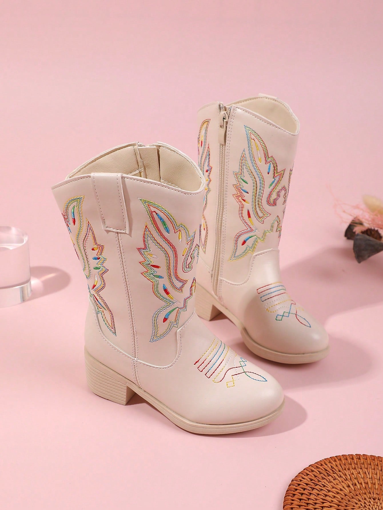 Childrens Boots Girls Shoes High Boots Mid-Calf Boots Embroidered High Heels Western Cowboy Boots Pointed Side Zipper