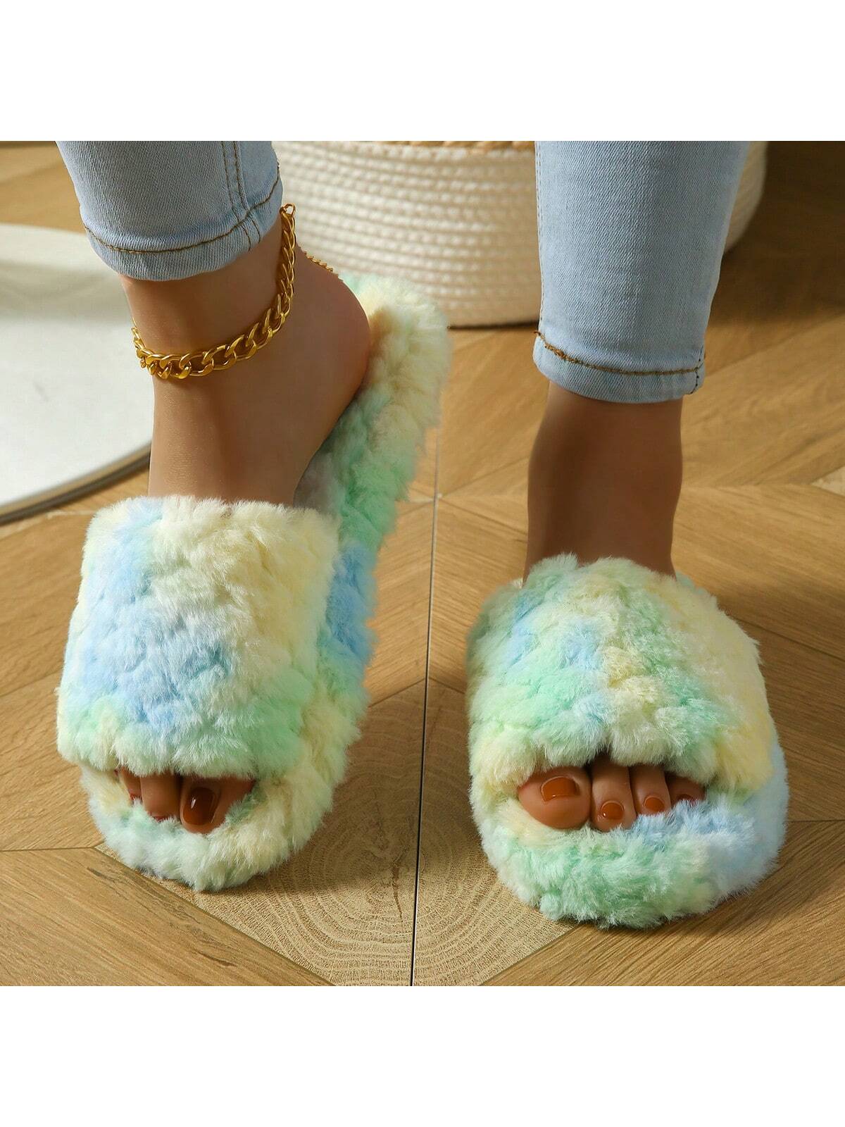 SpringSummer Fluffy Home Indoor Soft Bottom Lightweight Cute Open Toe Slippers With Fur