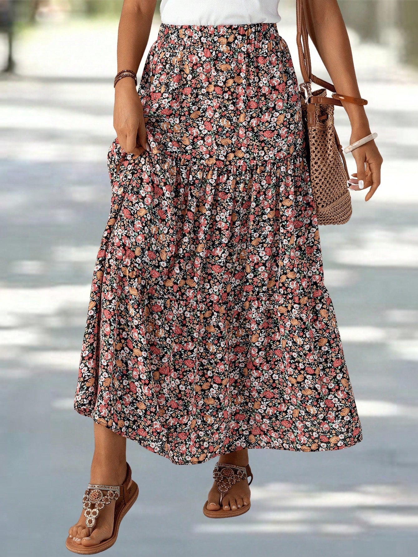 Women's Patchwork Floral Print Long Midi Skirt