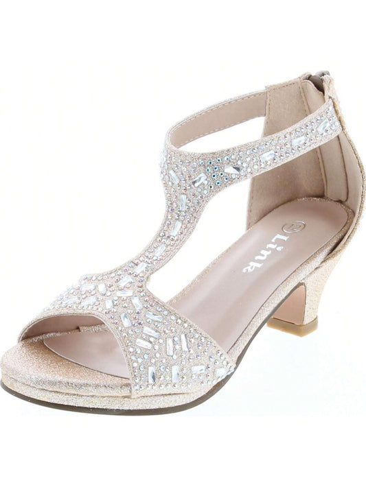 Girl's Glitter Rhinestone T-Strap Back Zipper Wrapped Heel Sandals