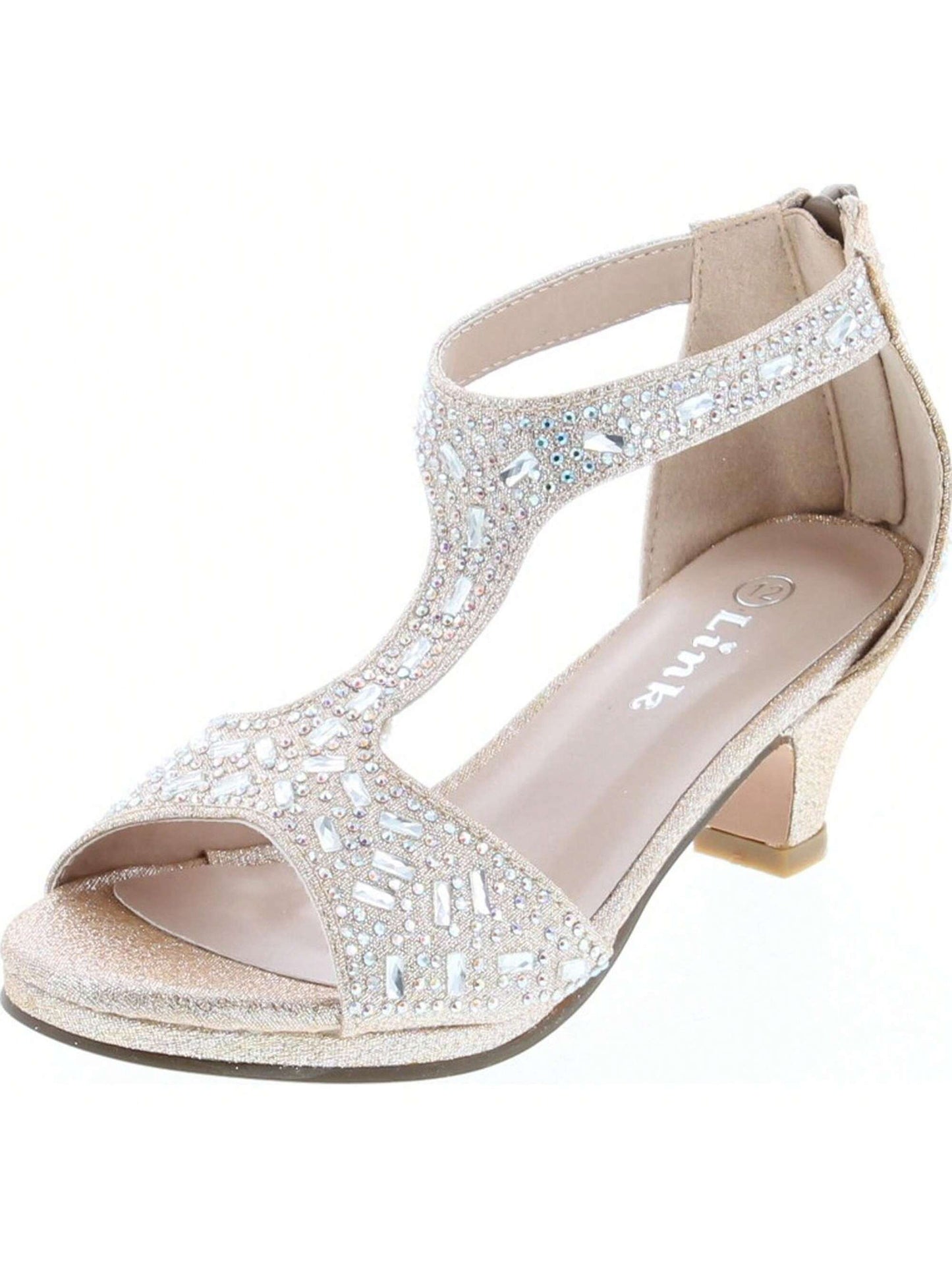 Girl's Glitter Rhinestone T-Strap Back Zipper Wrapped Heel Sandals