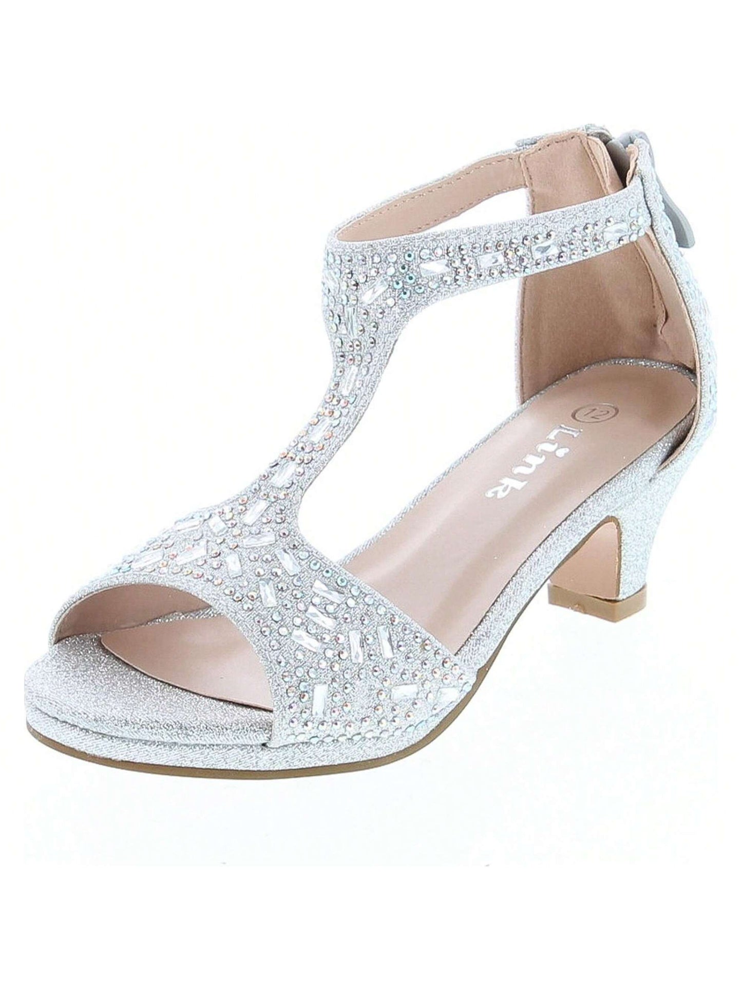 Girl's Glitter Rhinestone T-Strap Back Zipper Wrapped Heel Sandals