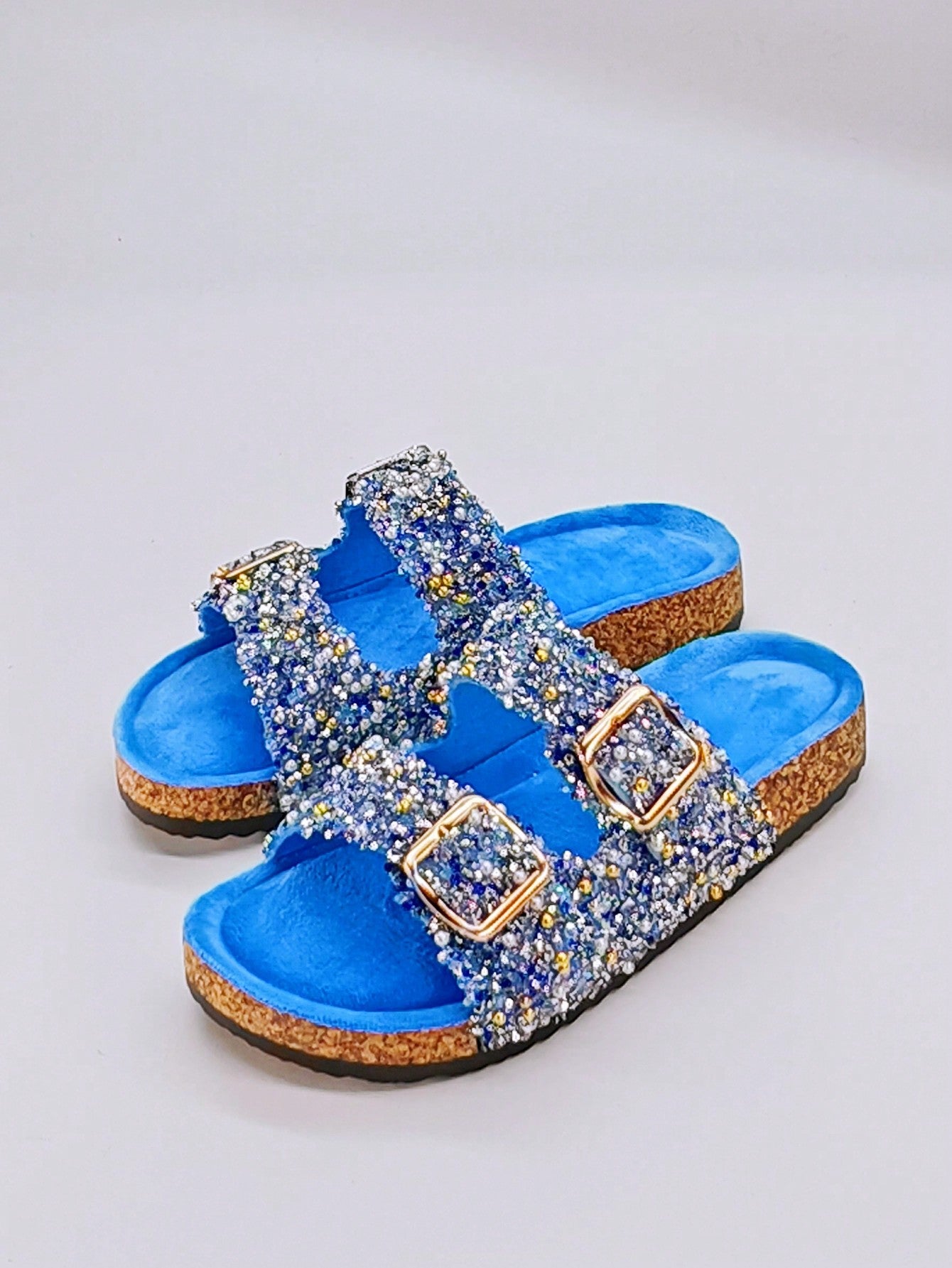 Black Sequin Decorated Fuzzy Slides Flat Sandals For Women, Beach Vacation Slippers