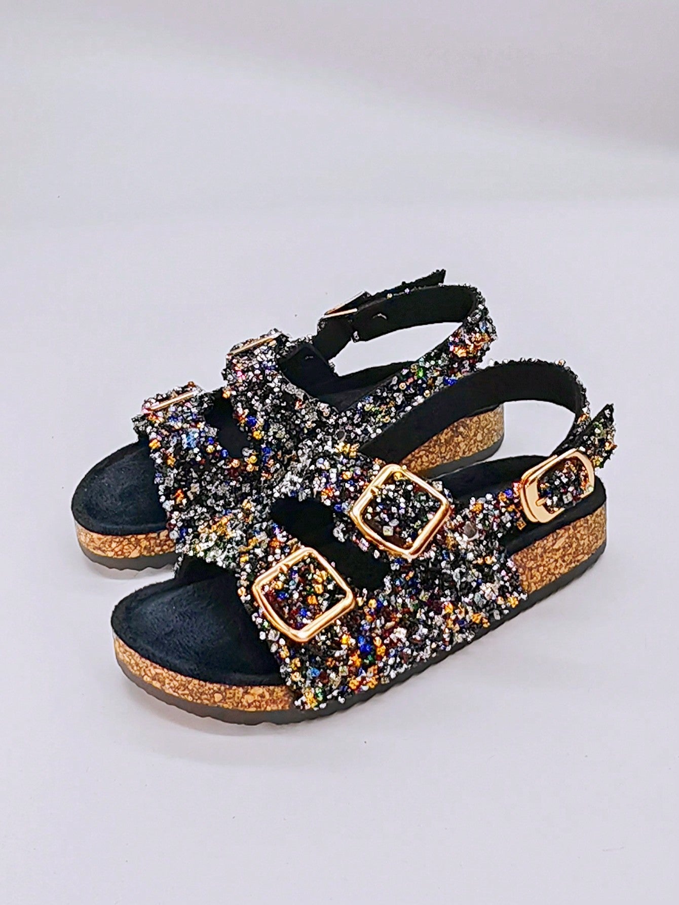 New Black Glass Rhinestone Glitter Flat Slipper Fluffy Wedge Sandals Women's Slip-On Beach Slides