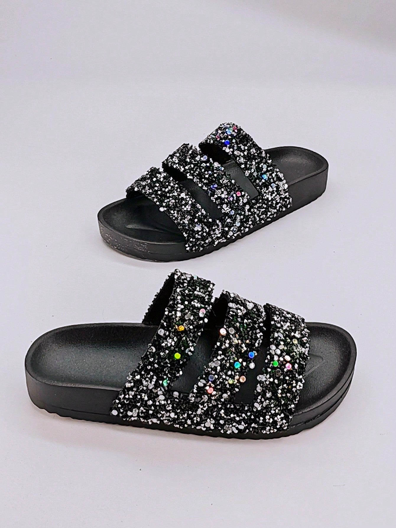 New Faux Cork Double Strap Slippers With Diamante Glitter, Soft & Cushioned